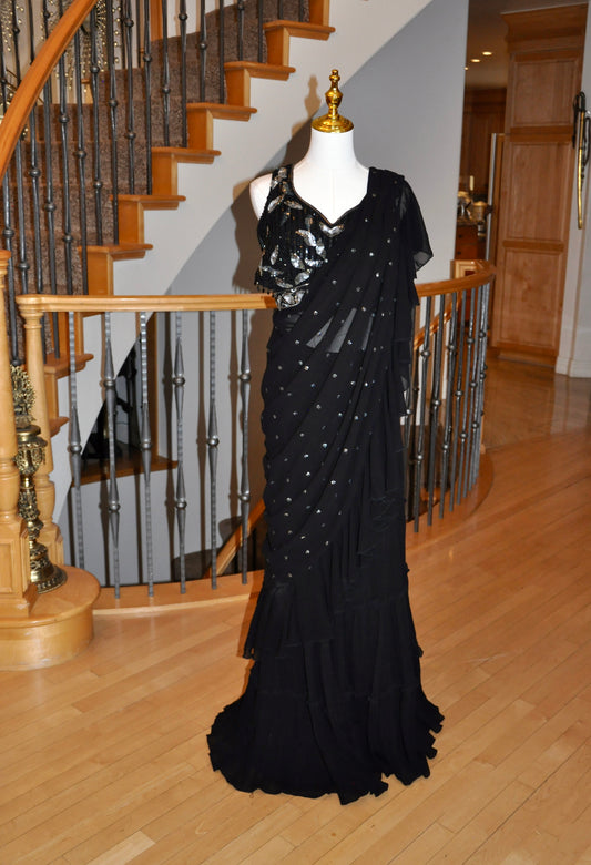 Black Pre-Draped Saree with Silver Embroidery & Beaded Blouse