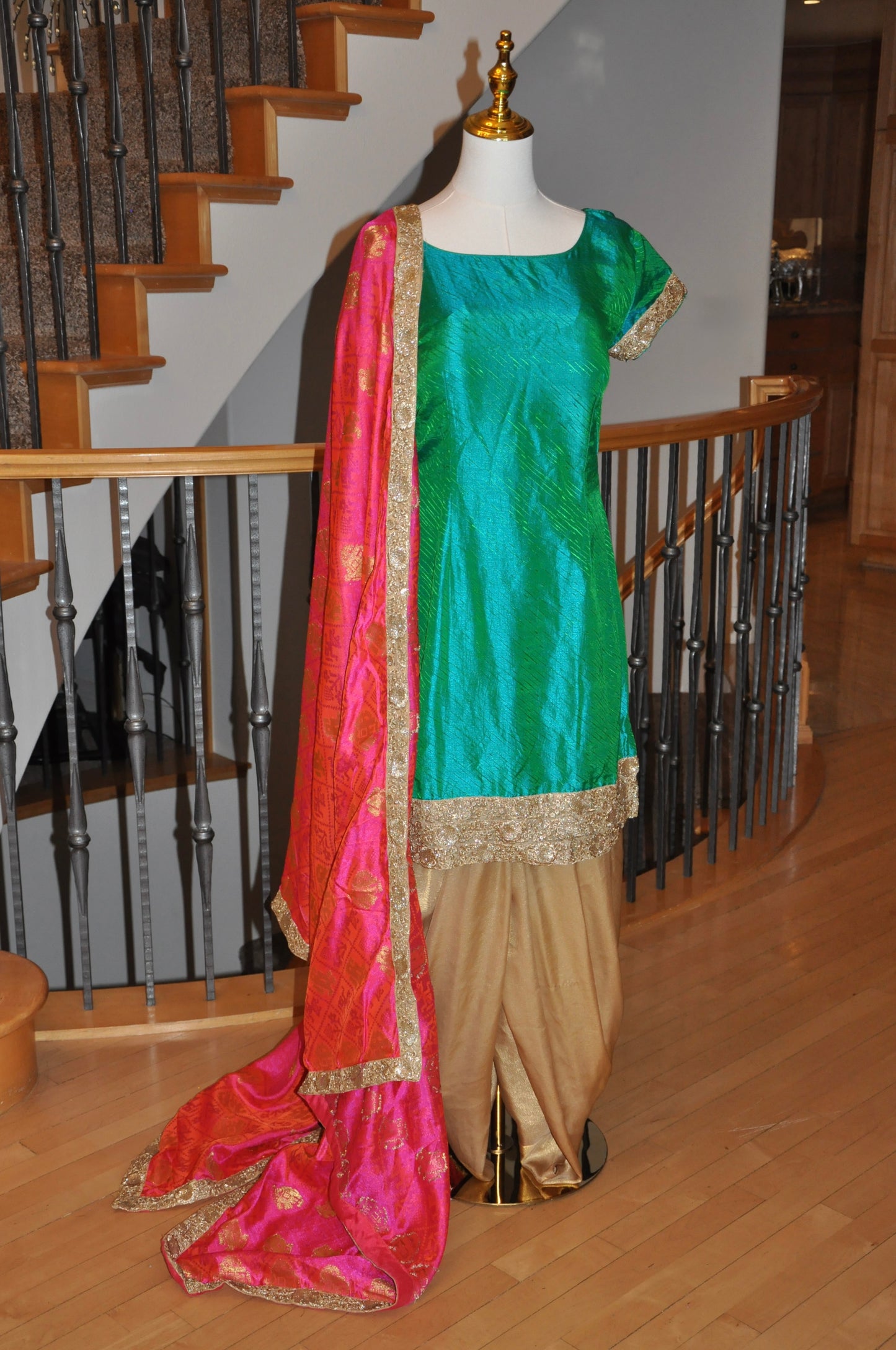 Bright Teal Kurta Set with Pink Shawl and Gold Pants