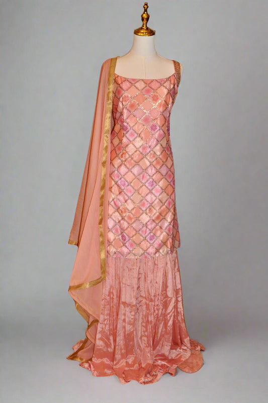 Light Pink Kurta Set with Flowy Pants and Sheer Shawl