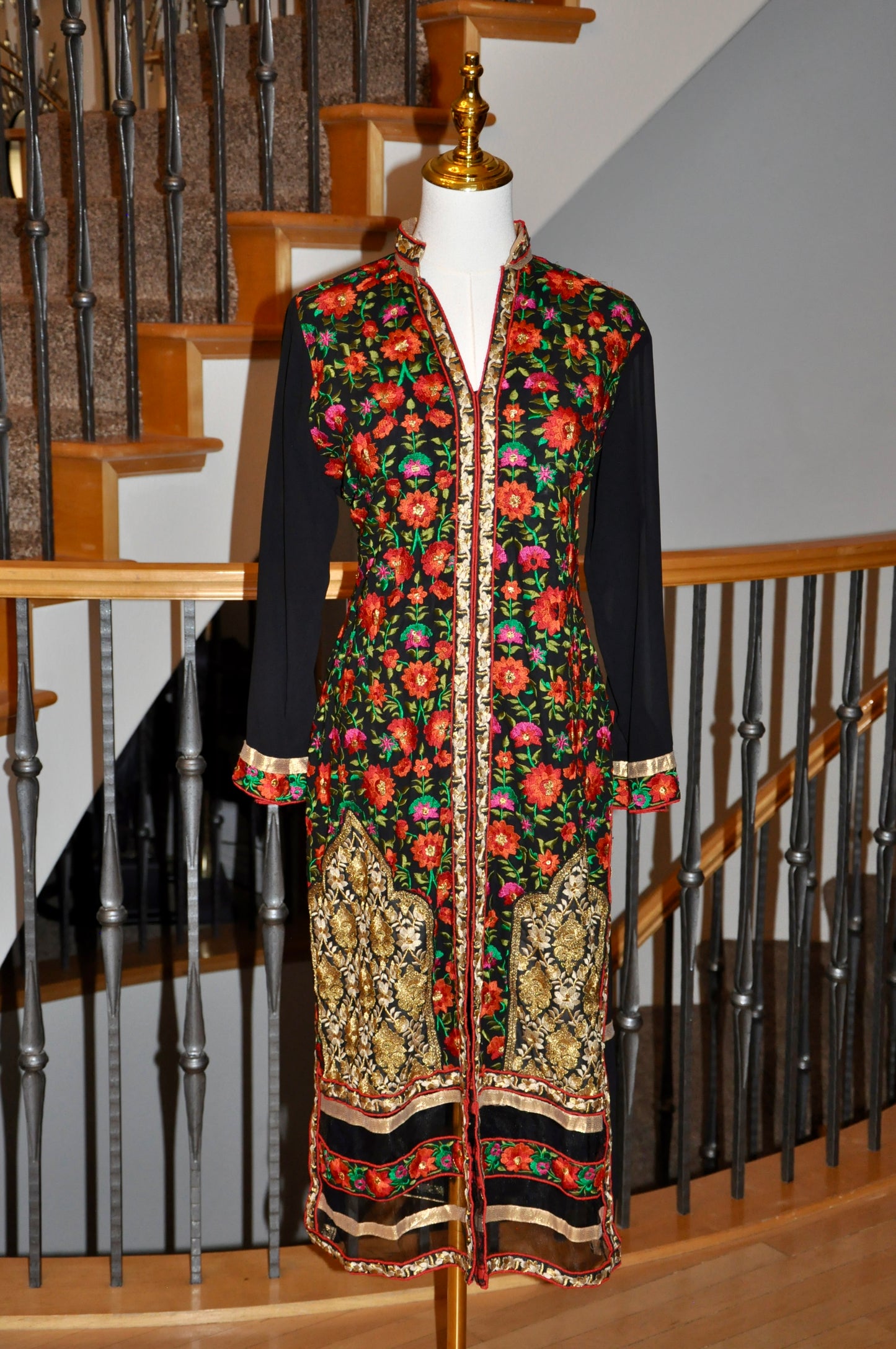 Black Kurti with Red and Green Floral Prints and Gold Embroidery