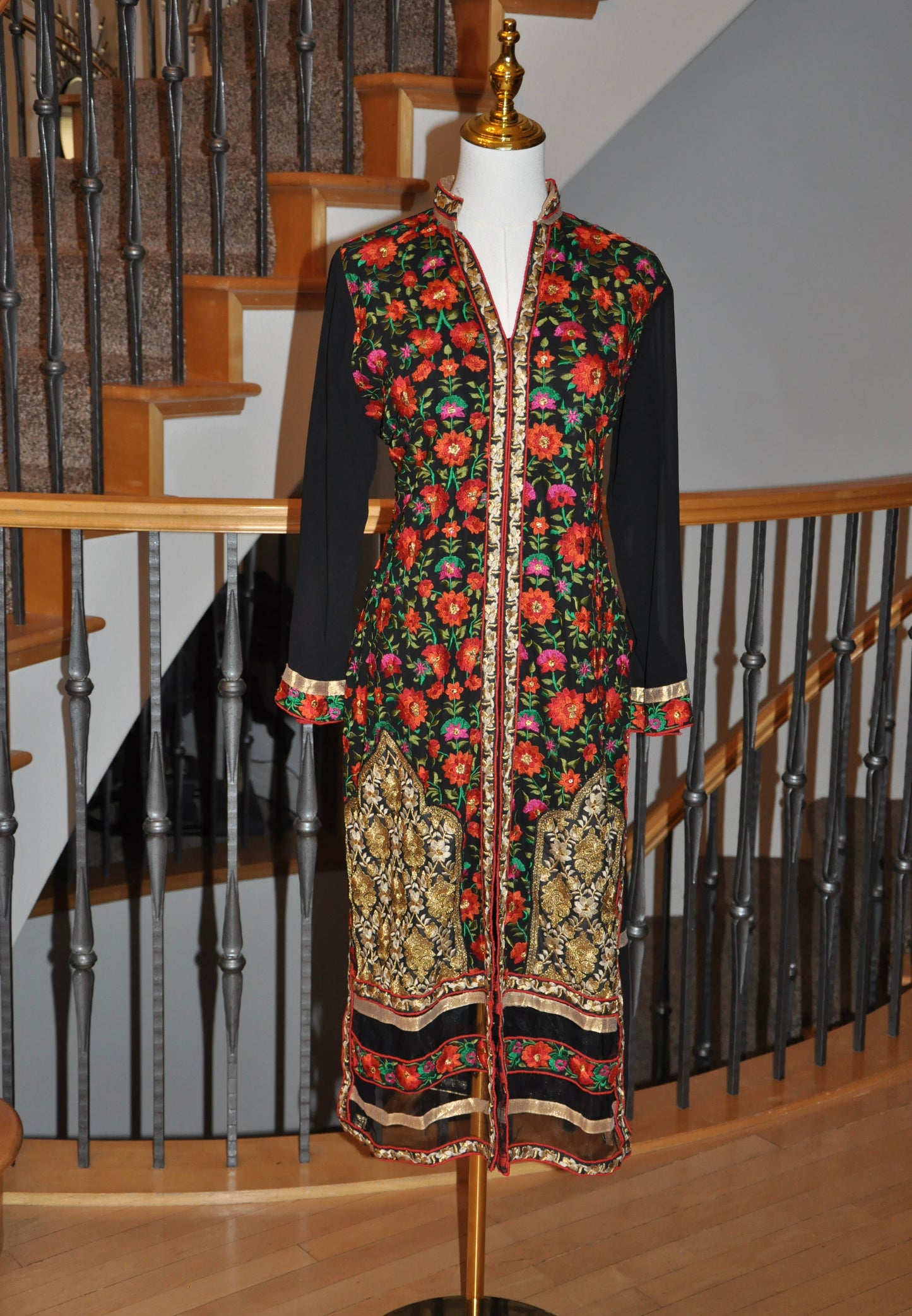 Black Kurti with Red and Green Floral Prints and Gold Embroidery