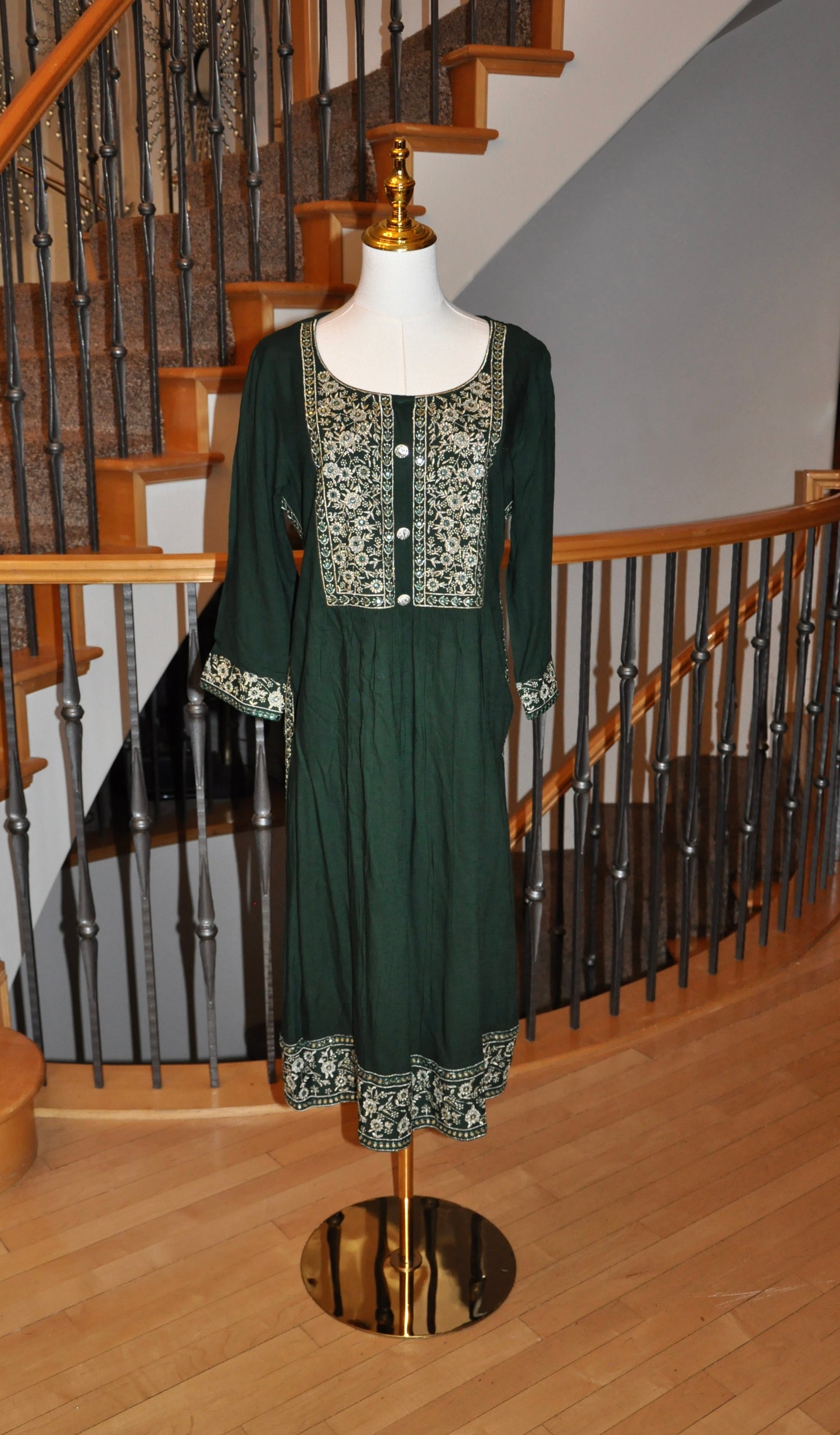 Green Kurti with Gold Floral Embroidery