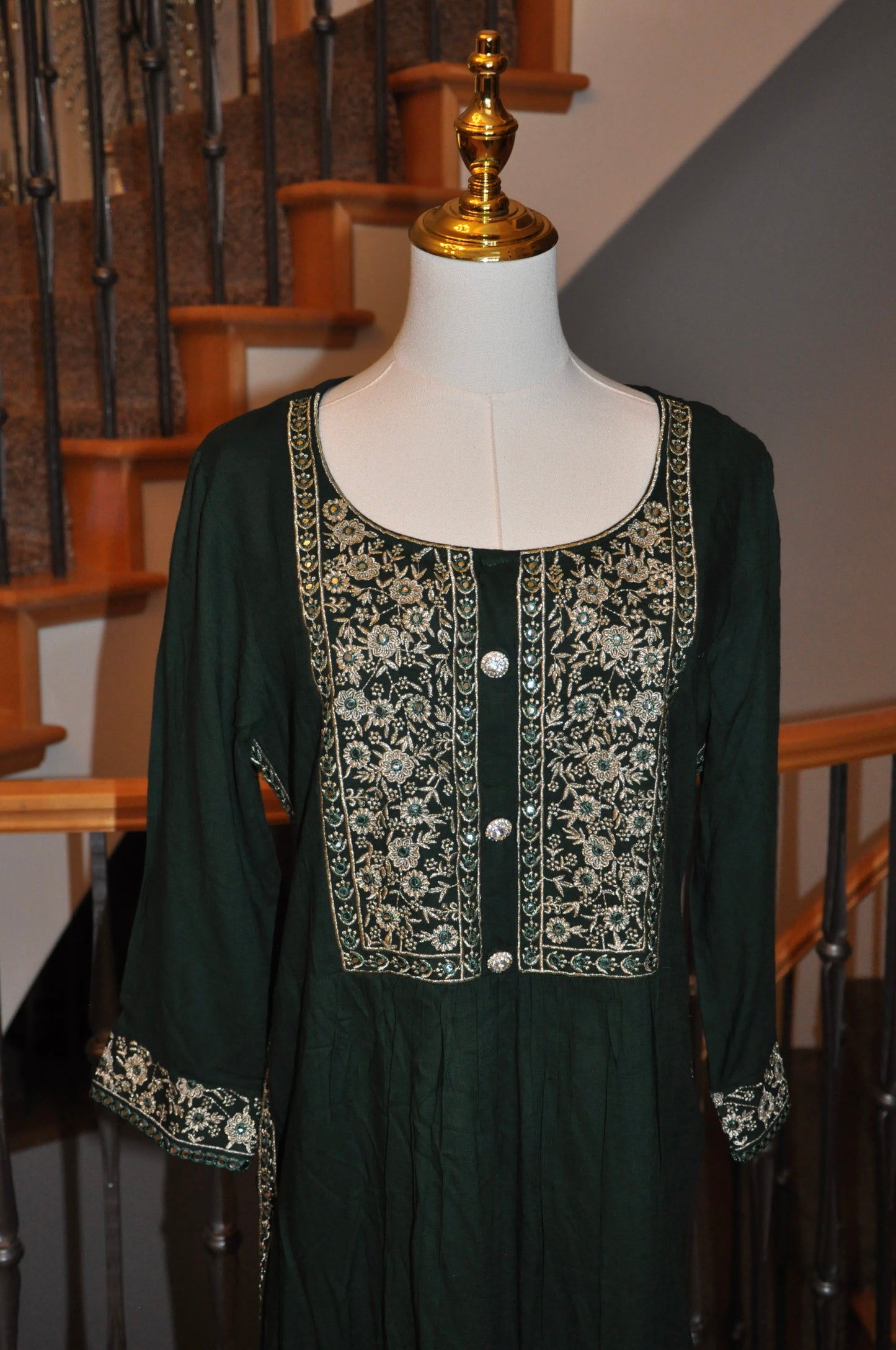 Green Kurti with Gold Floral Embroidery