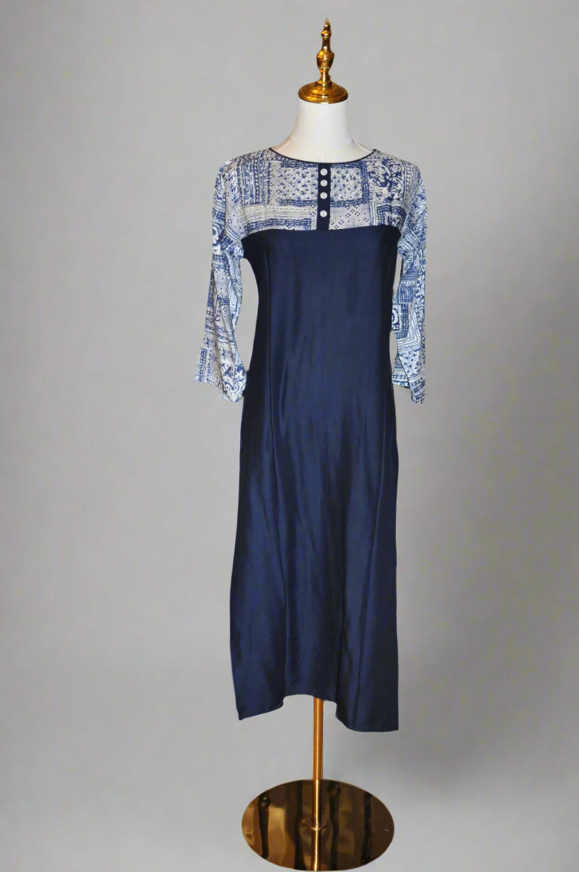 Navy Blue and White Printed Kurti