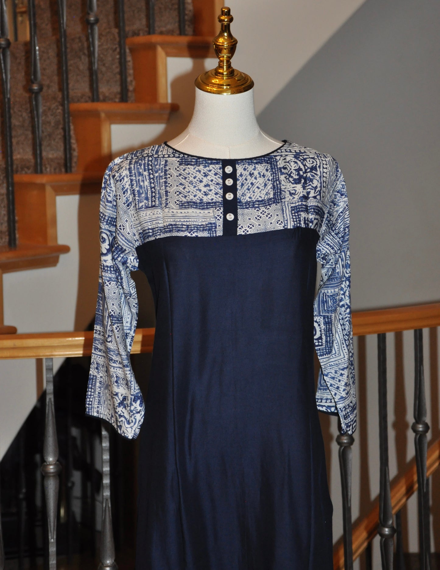 Navy Blue and White Printed Kurti