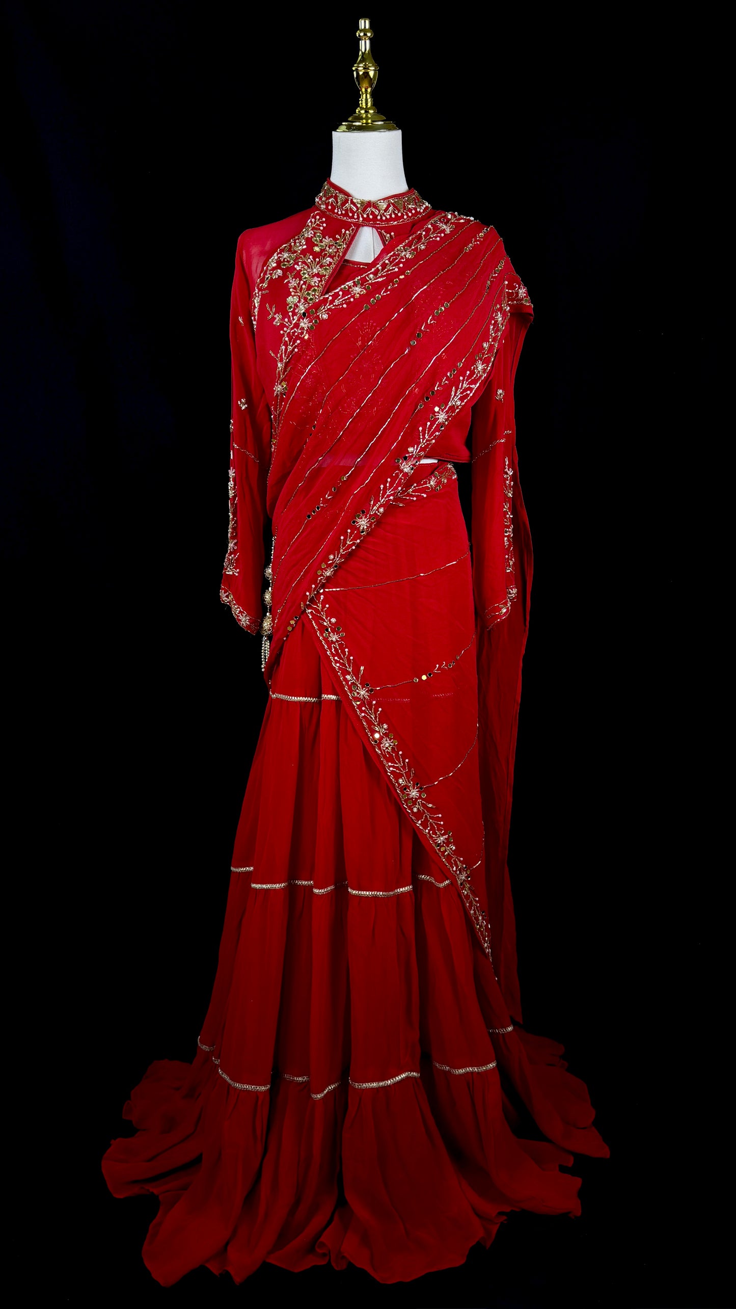 Red Pre Draped Saree with Full Sleeve Embroidered Blouse