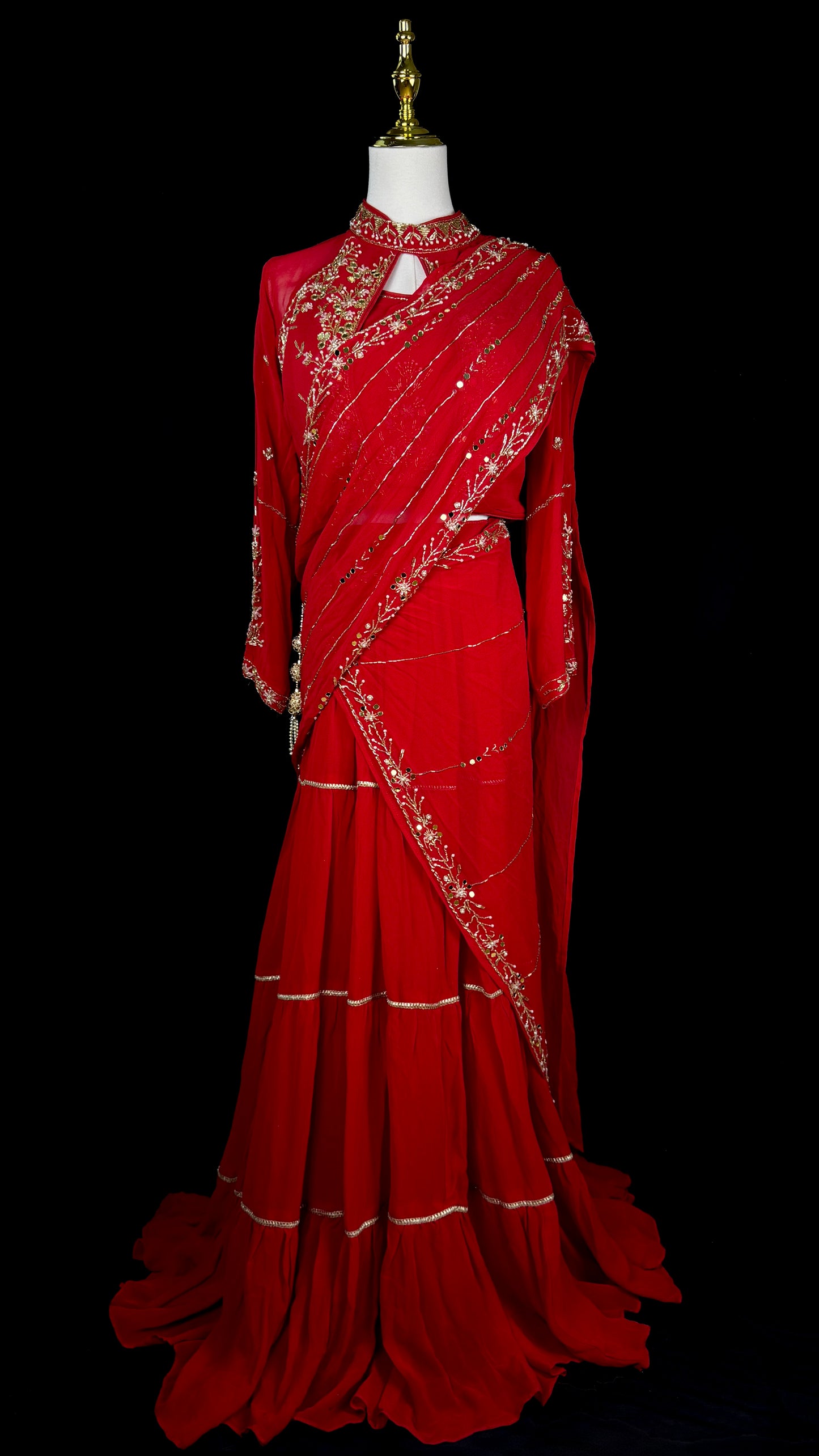 Red Pre Draped Saree with Full Sleeve Embroidered Blouse