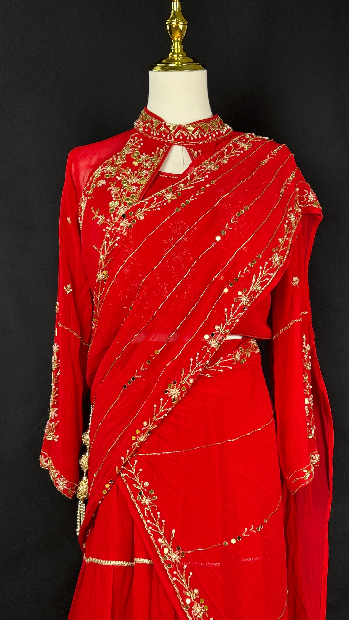 Red Pre Draped Saree with Full Sleeve Embroidered Blouse