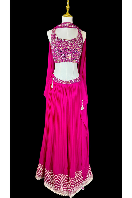 Indo Western Fuchsia Mirror Work Co-Ord Set with Flared Pants and Dupatta