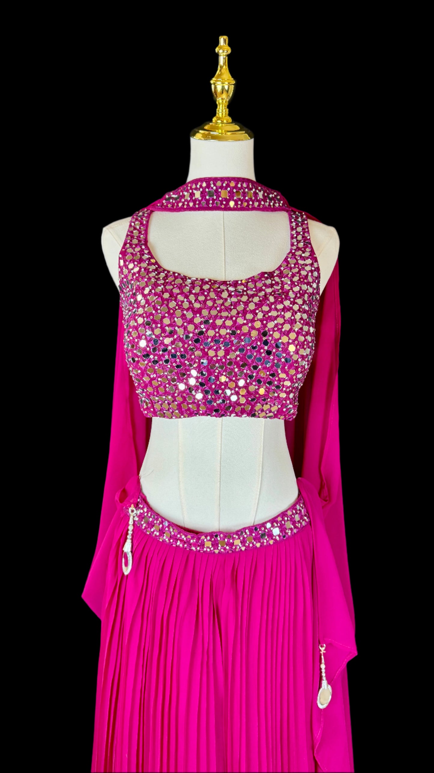 Indo Western Fuchsia Mirror Work Co-Ord Set with Flared Pants and Dupatta