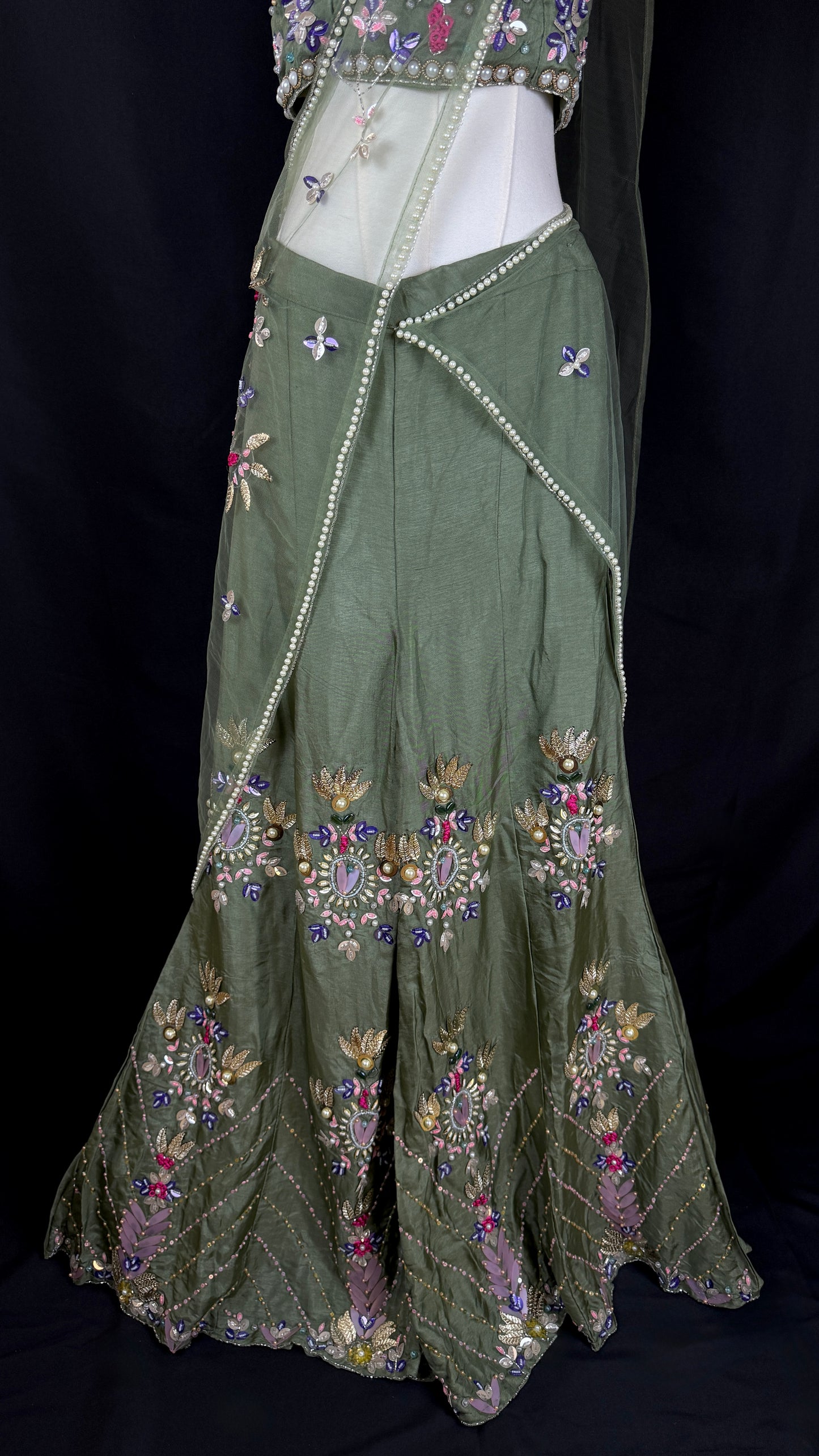 Indo Western Sage Green Embroidered Co-Ord Set with Attached Dupatta