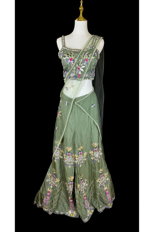 Indo Western Sage Green Embroidered Co-Ord Set with Attached Dupatta