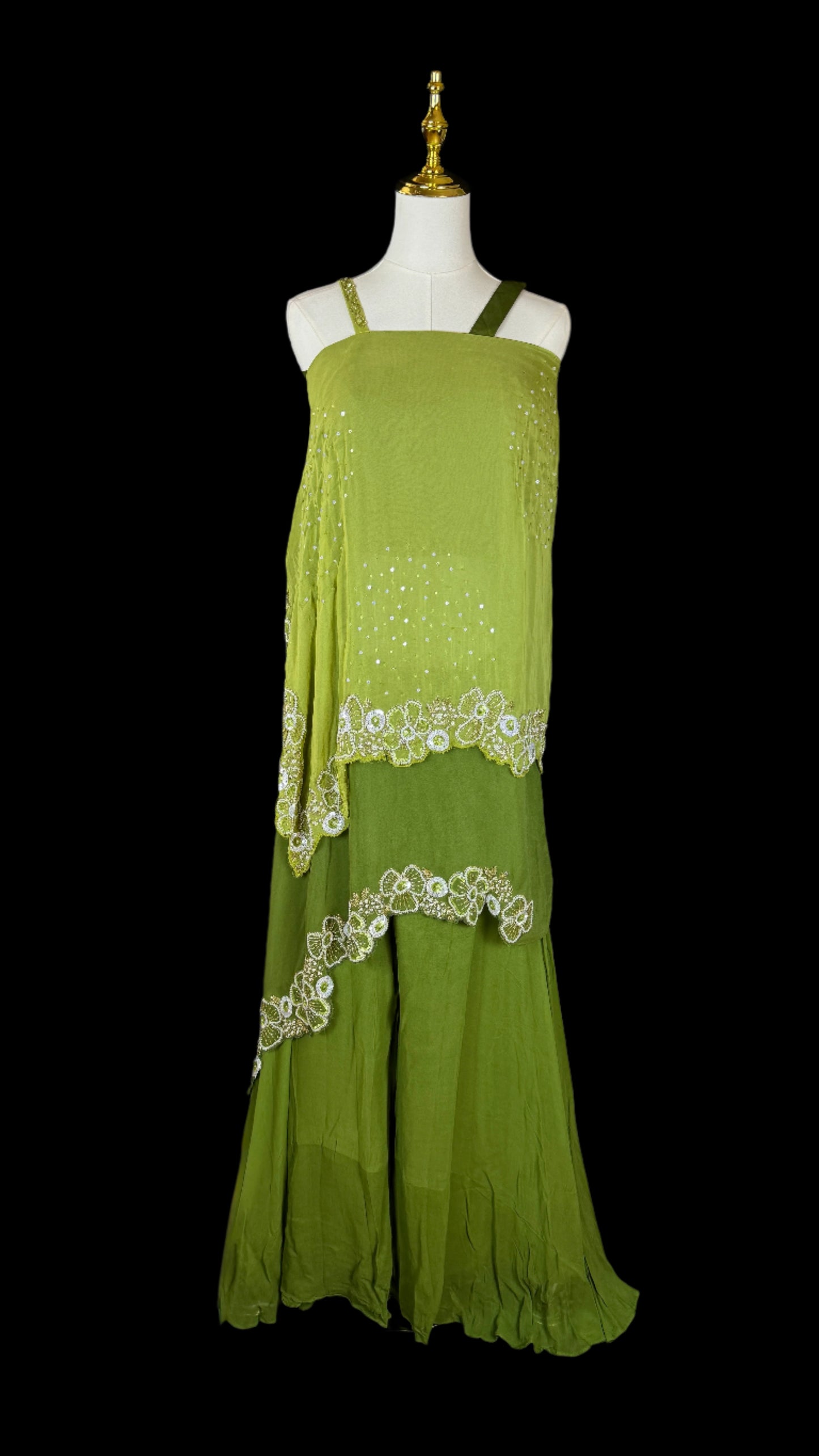 Indo Western Lime Green Embroidered Set with Layered Top and Flow Pants