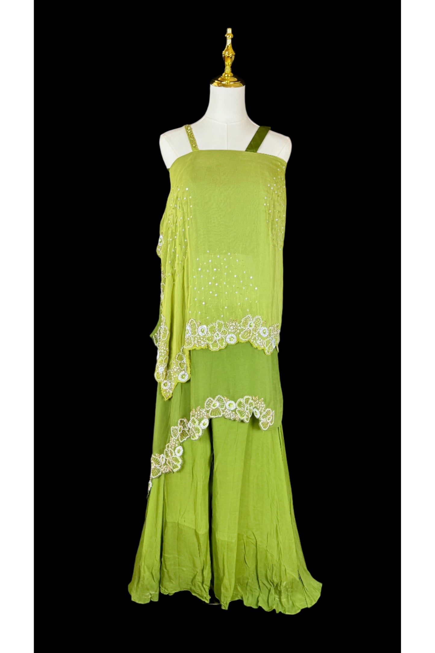 Indo Western Lime Green Embroidered Set with Layered Top and Flow Pants