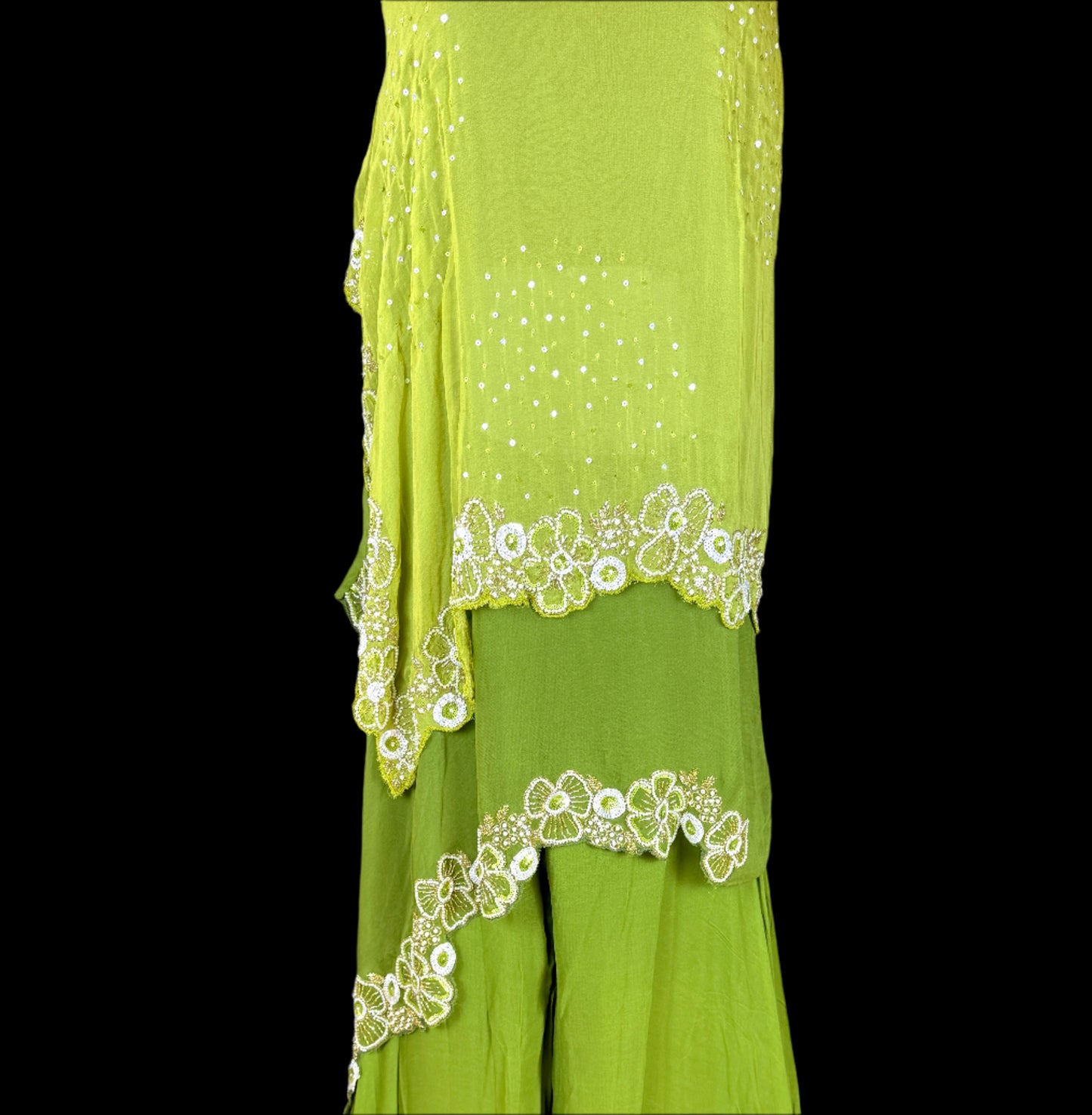 Indo Western Lime Green Embroidered Set with Layered Top and Flow Pants