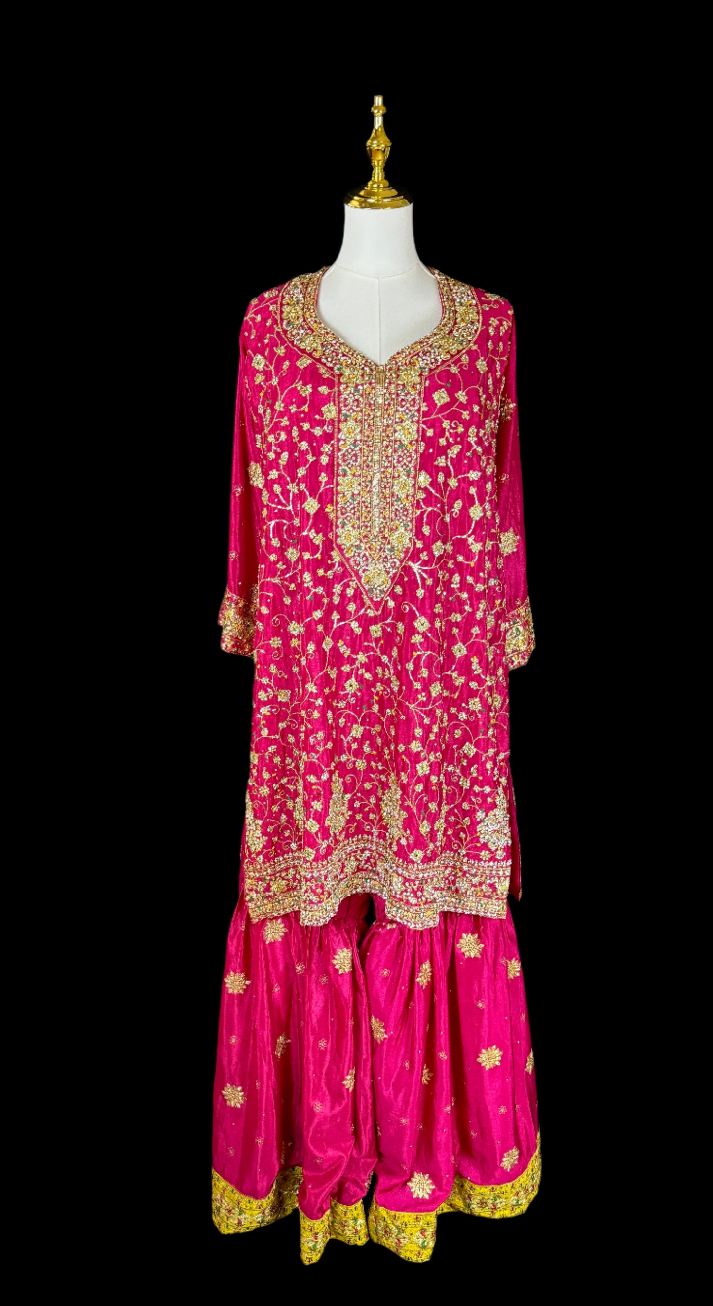 Pink and Yellow Embroidered Kurta Set with Bell Bottom Pants & Embroidered Shawl