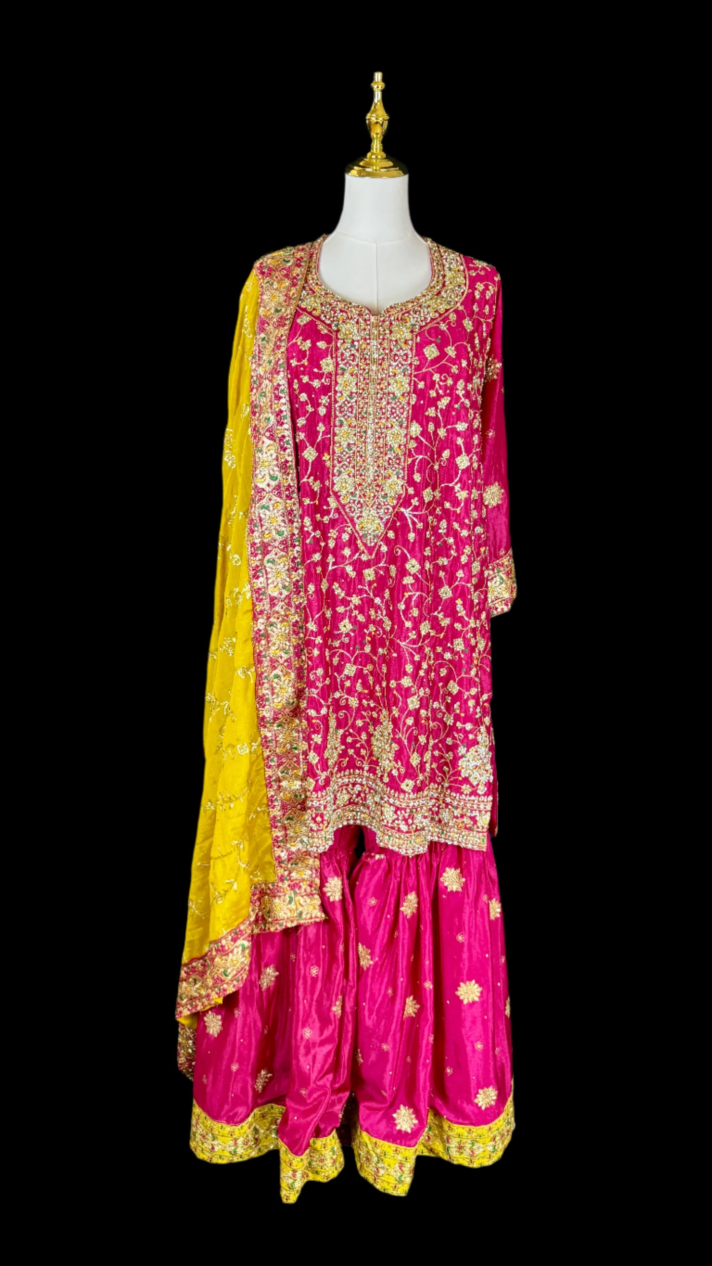 Pink and Yellow Embroidered Kurta Set with Bell Bottom Pants & Embroidered Shawl