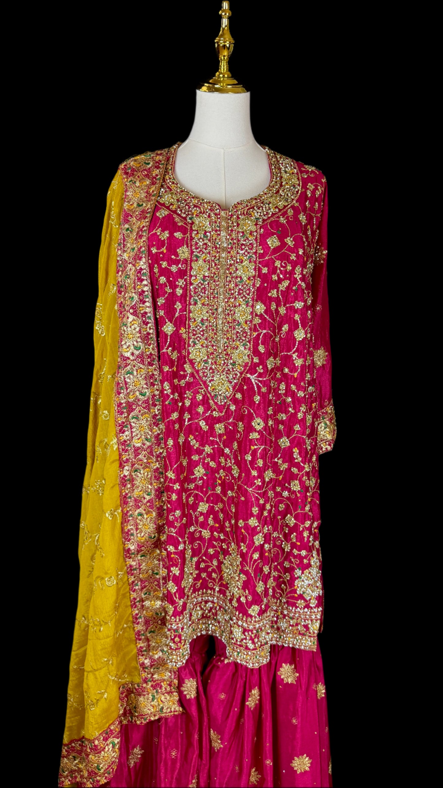 Pink and Yellow Embroidered Kurta Set with Bell Bottom Pants & Embroidered Shawl