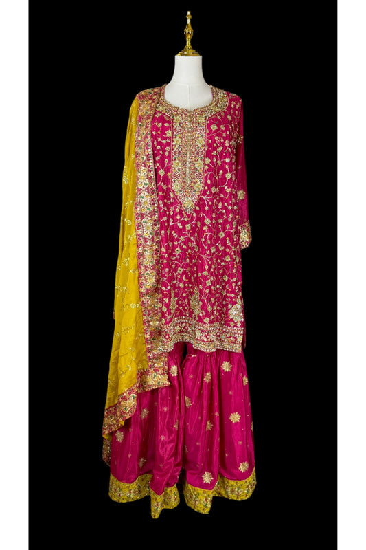 Pink and Yellow Embroidered Kurta Set with Bell Bottom Pants & Embroidered Shawl