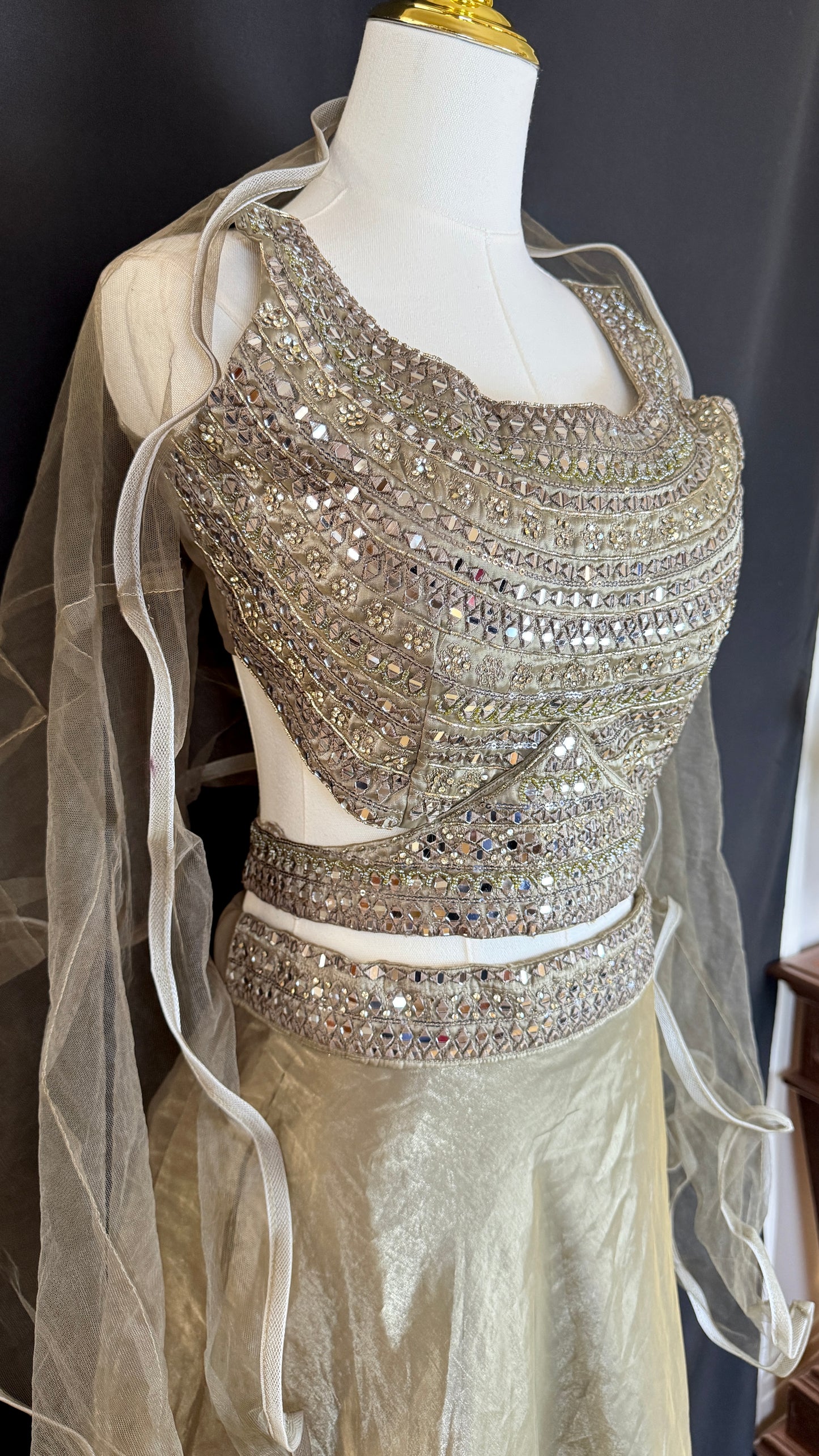 Grey Sequin Lehenga 3 Piece Set Lehenga with Embroidered Crop Top, Flowy Skirt & Sheer Ruffled Dupatta