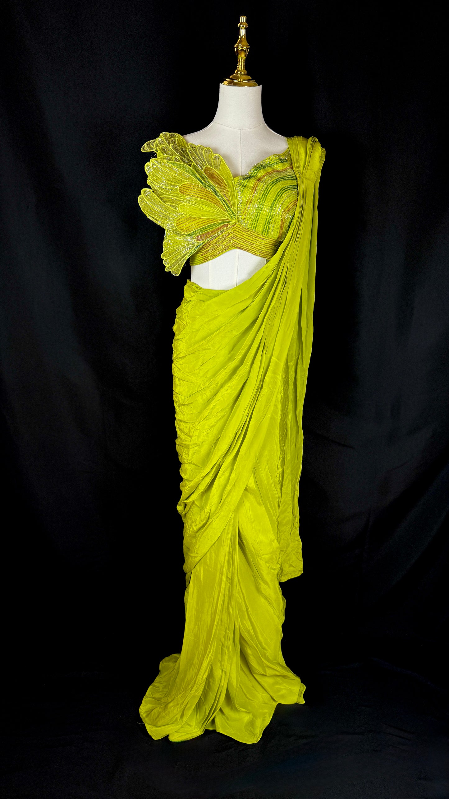 Lime Green Pre-Draped Saree Set Embroidered Butterfly Crop Top with Beadwork Designer