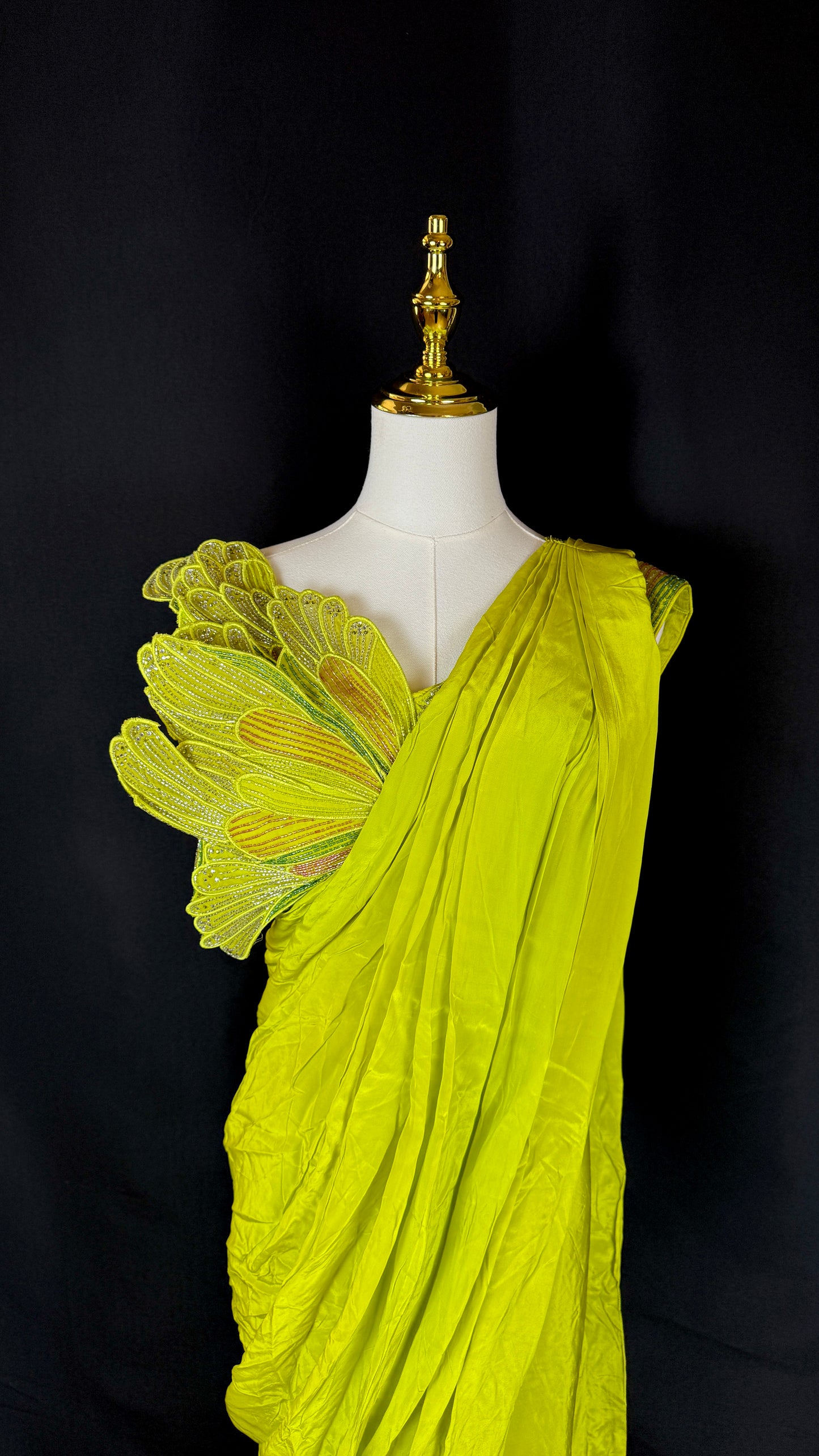 Lime Green Pre-Draped Saree Set Embroidered Butterfly Crop Top with Beadwork Designer