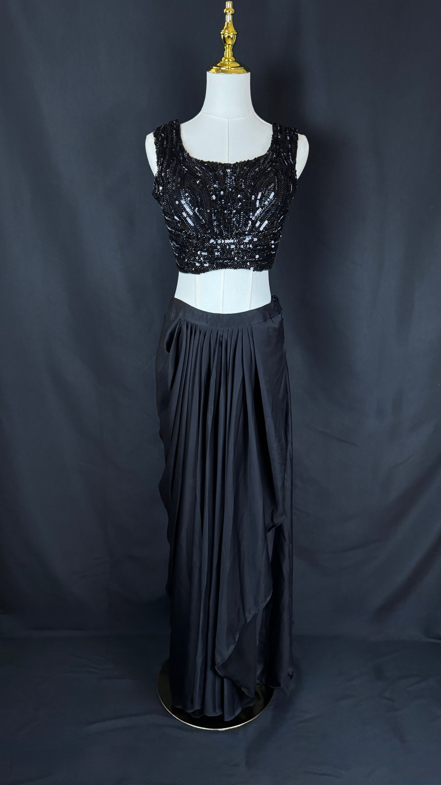 All Black 3 Piece Lehenga Set with Sheer Sequin Jacket Satin Pleated Skirt & Embroidered Crop Top