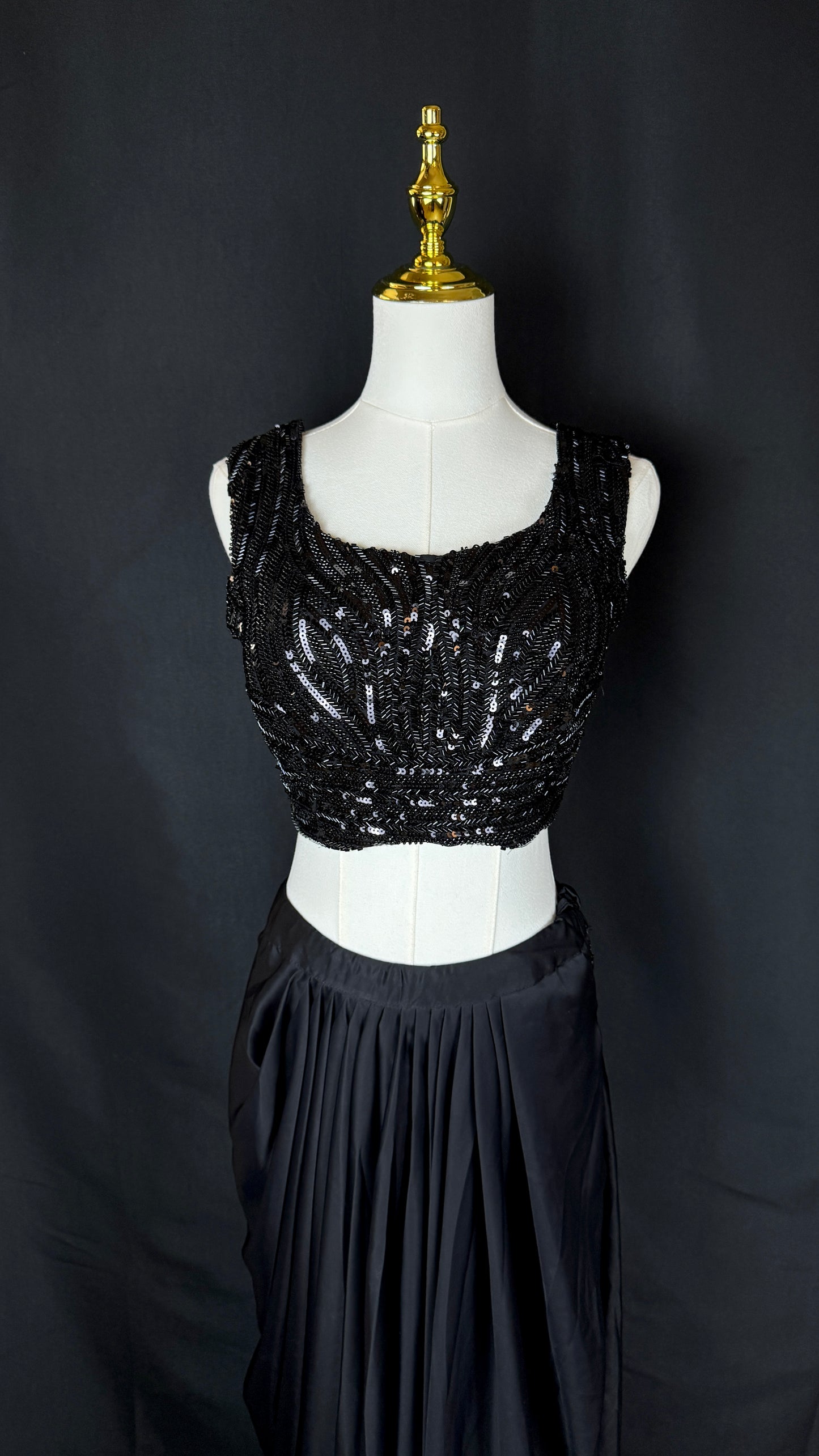 All Black 3 Piece Lehenga Set with Sheer Sequin Jacket Satin Pleated Skirt & Embroidered Crop Top