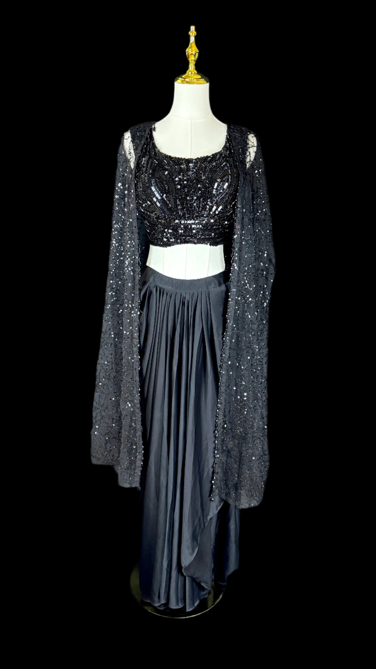 All Black 3 Piece Lehenga Set with Sheer Sequin Jacket Satin Pleated Skirt & Embroidered Crop Top