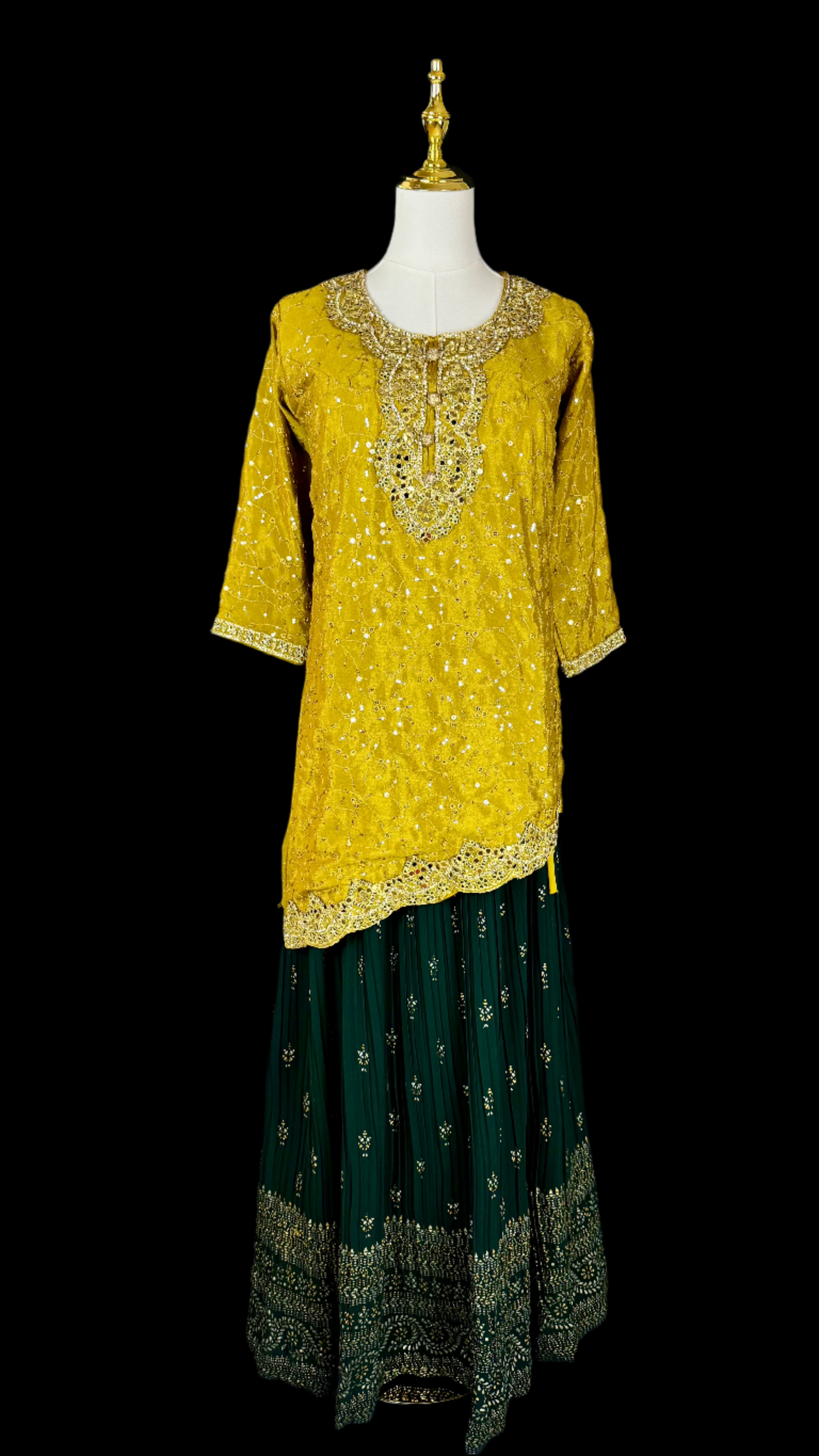 Mustard Yellow Asymmetrical Kurta with Flow Skirt Lehenga & Thin Shawl