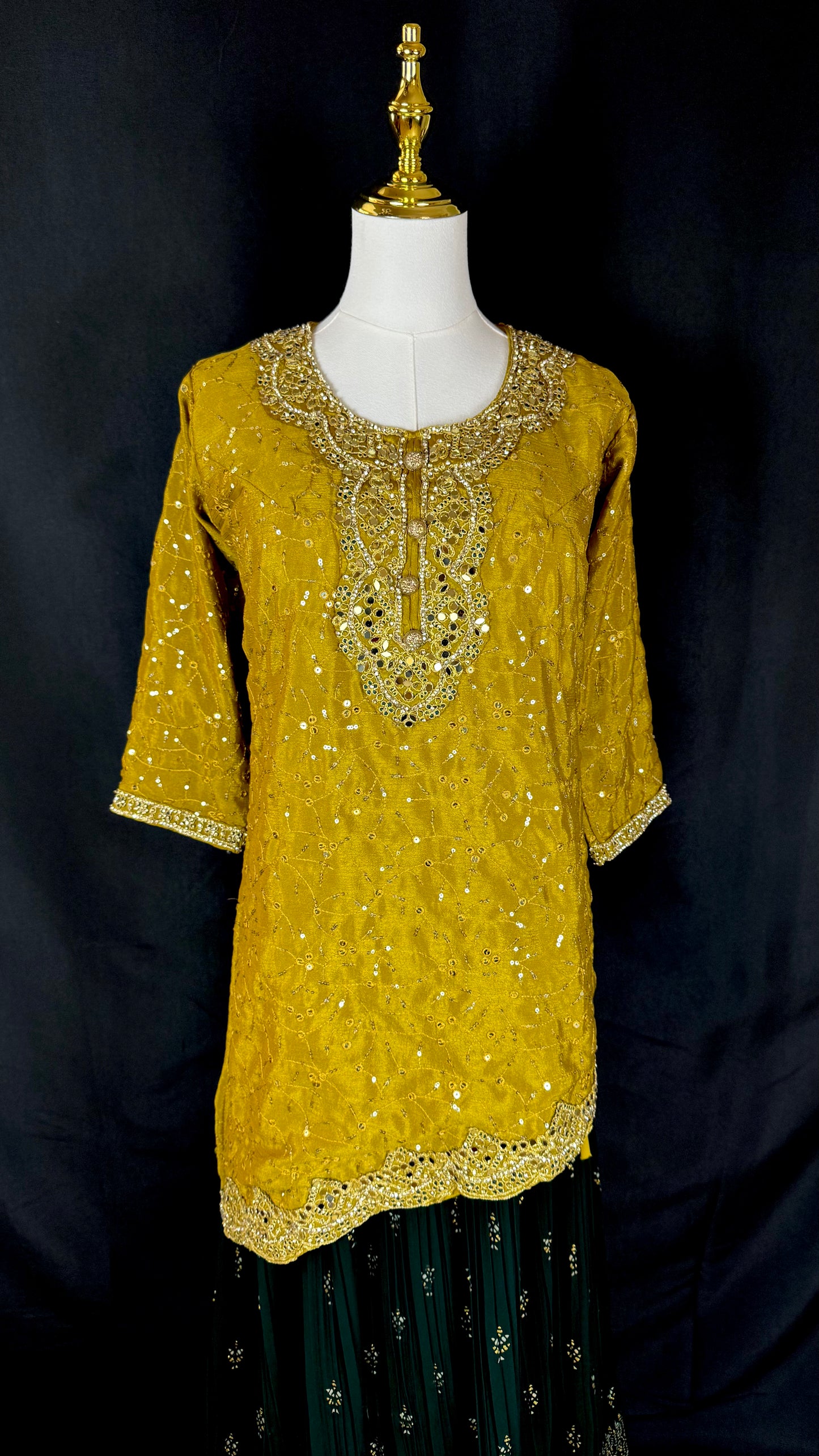 Mustard Yellow Asymmetrical Kurta with Flow Skirt Lehenga & Thin Shawl