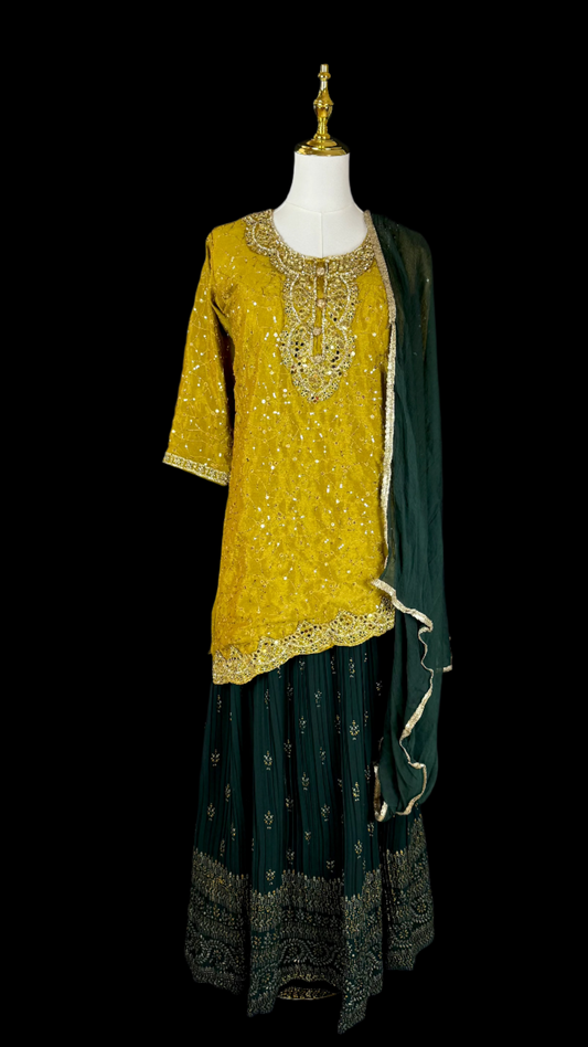 Mustard Yellow Asymmetrical Kurta with Flow Skirt Lehenga & Thin Shawl