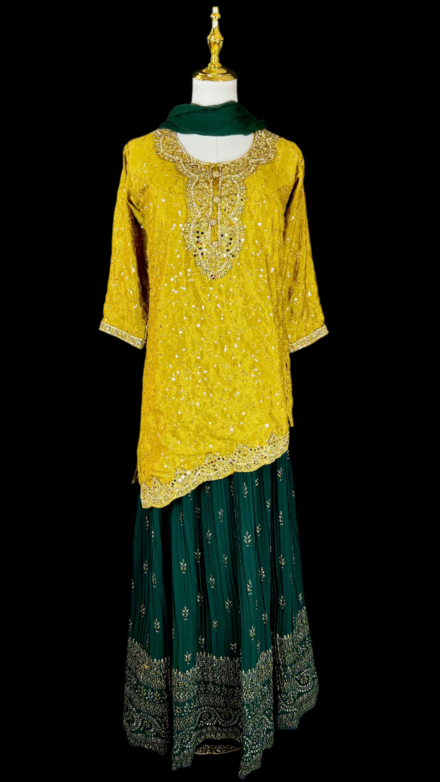 Mustard Yellow Asymmetrical Kurta with Flow Skirt Lehenga & Thin Shawl