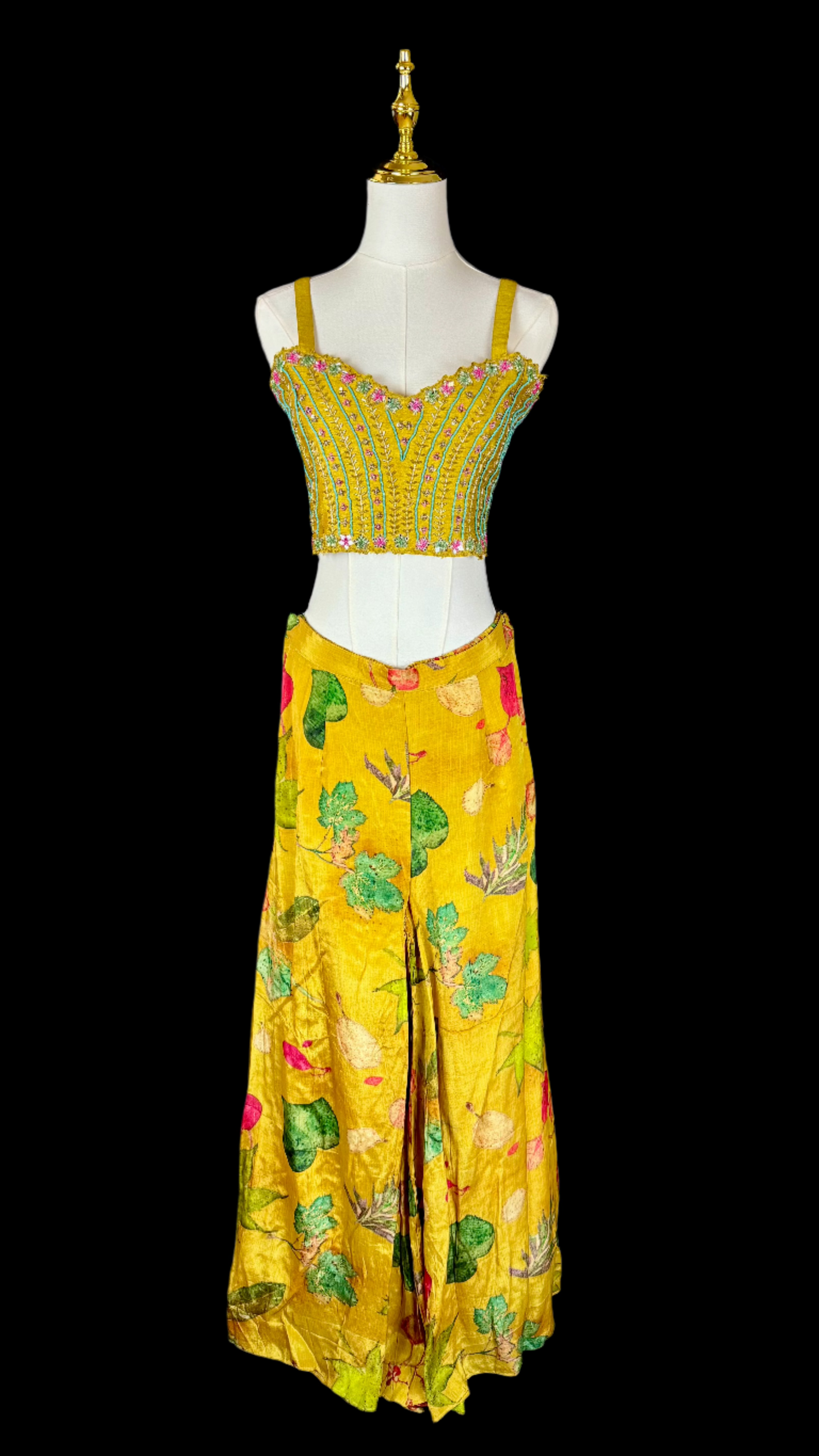 Indo Western Yellow Floral 3-Piece Set with Draped Saree-Inspired Top, Embellished Crop Top & Flow Pants