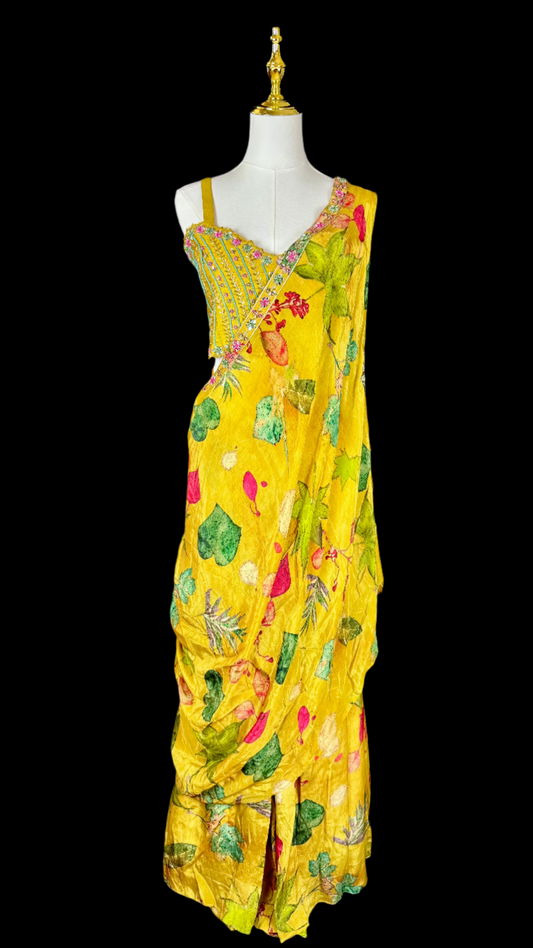 Indo Western Yellow Floral 3-Piece Set with Draped Saree-Inspired Top, Embellished Crop Top & Flow Pants