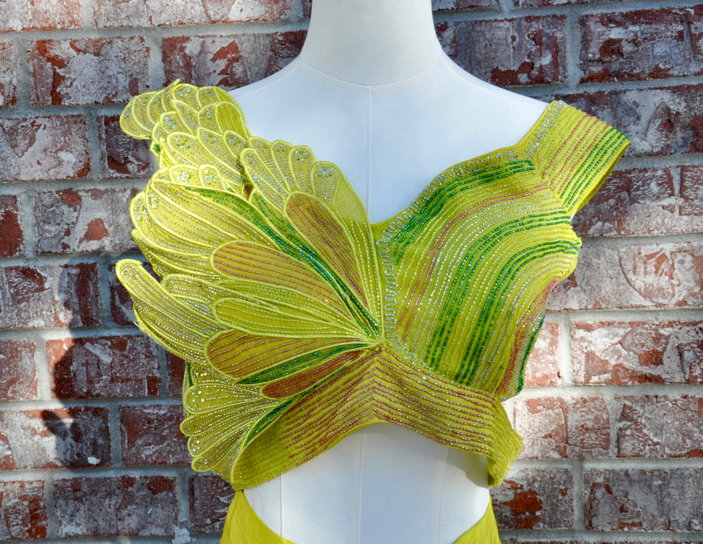 Lime Green Pre-Draped Saree Set Embroidered Butterfly Crop Top with Beadwork Designer